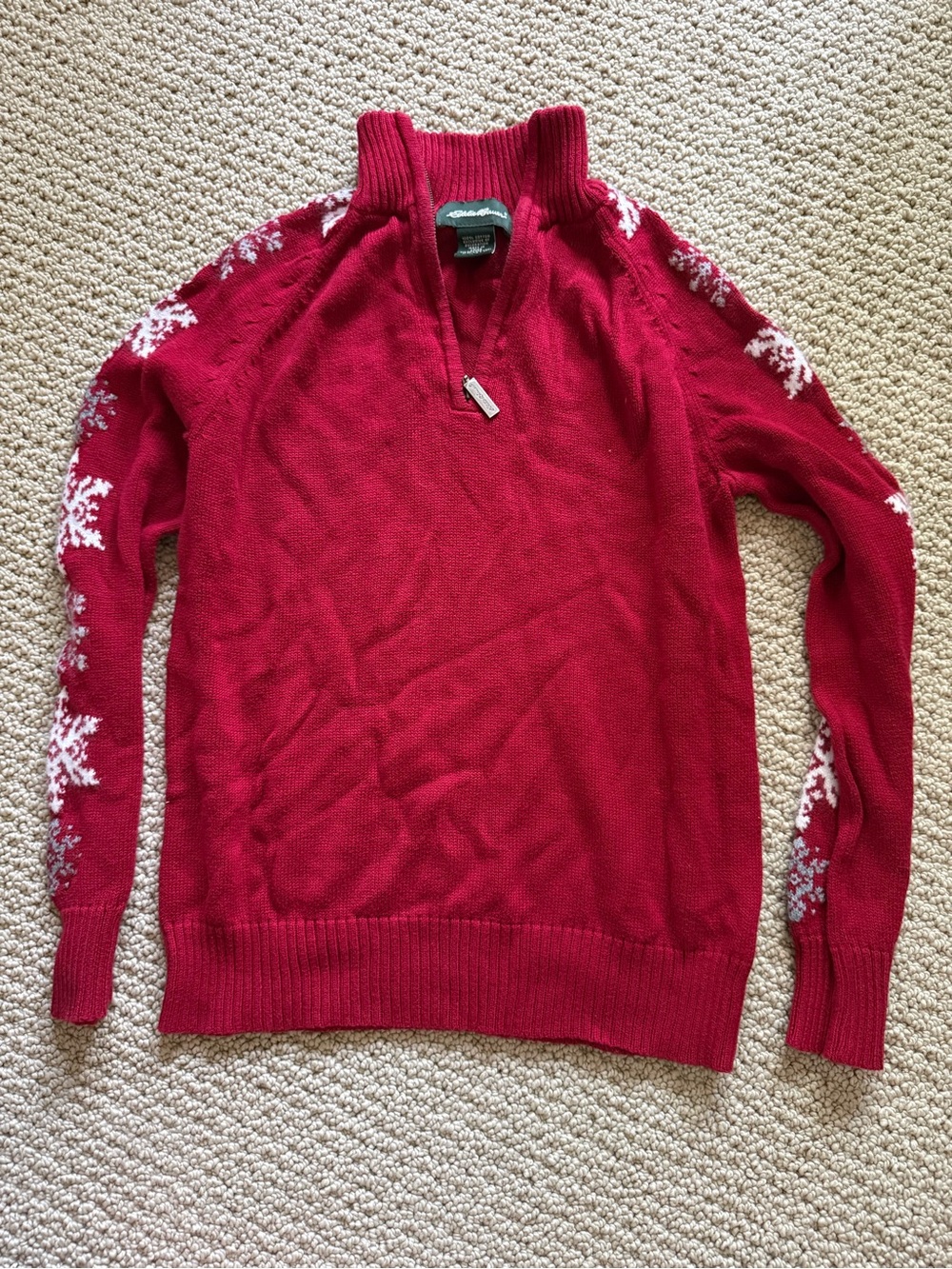 Eddie Bauer Red Half-Zip Snowflake Sleeve Sweater